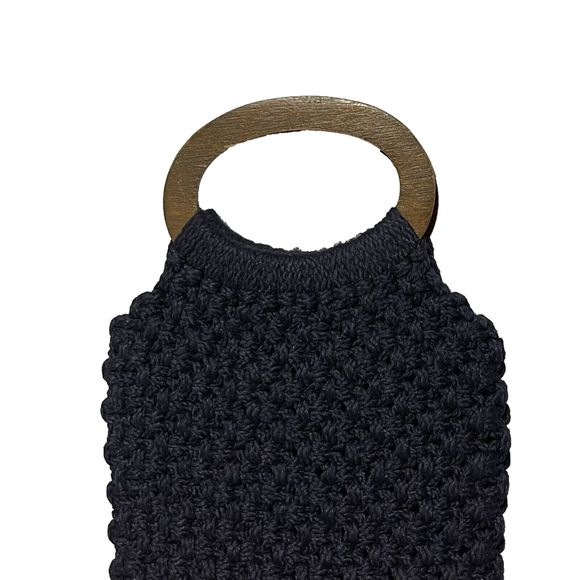 Navy Macrame Purse Vintage Wood Handles 15”x11”x2 Bohemian Hippie 70’s - Picture 4 of 4